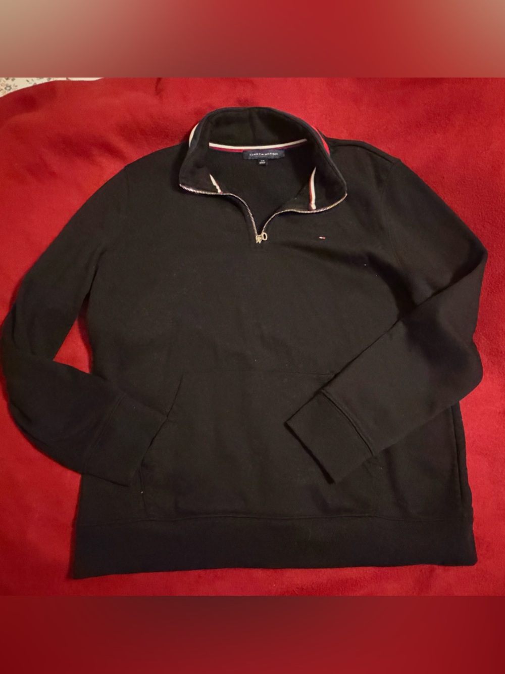 Tommy Hilfiger Black Quarter-Zip Pullover with Red/White Trim